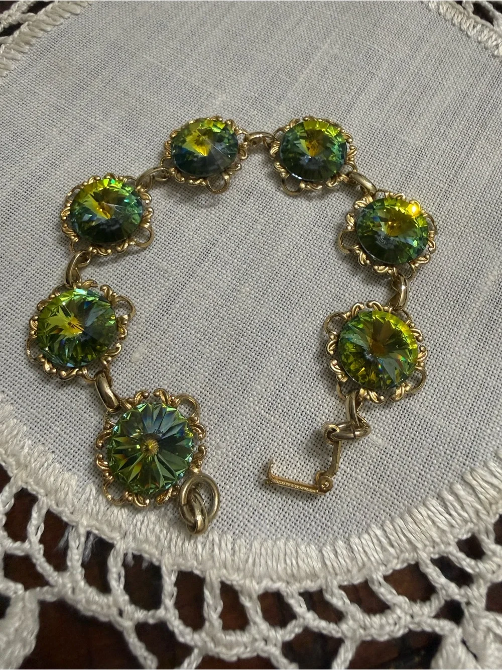 Vintage Gold-Tone Bracelet with Green Iridescent Crystal Stones